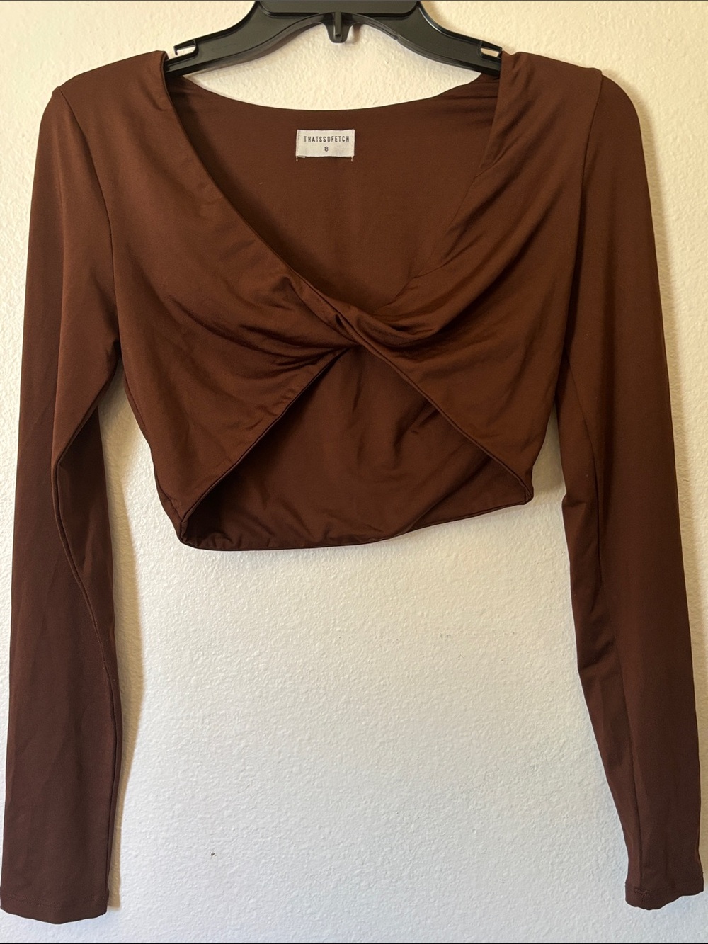 Woman’s Brown Twisted Front Long-Sleeve Crop Top, Size S
